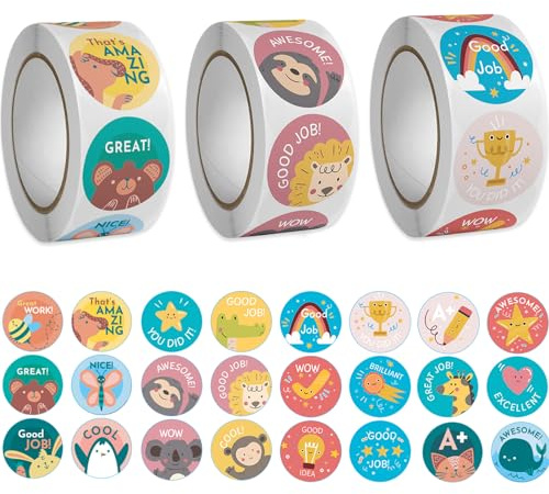 1500 Stück Motivationsaufkleber für Kinder 3 Rolle Belohnungssticker | Tieraufkleber Runde Belohnungs Selbstklebende Sticker Geeignet für Lehrer Oder Eltern Als Belohnung für Schüler und Kinder