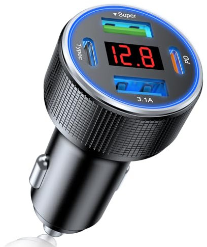 USB C Car Charger Adapter, 78W 4 Port Metal Car USB Charger with Voltmeter Dual USB C Car Phone Charger Cigarette Lighter USB Charger Fast Charge for iPhone 16/15/14/13/12, Samsung Galaxy, iPad
