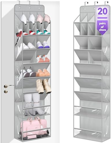 MISSLO Clear Over Door Shoe Rack Large Deep Pockets Hanging Shoe Storage Organiser Fit 20 Pairs Back of Door Storage for Sneakers Boots Organizer, Grey
