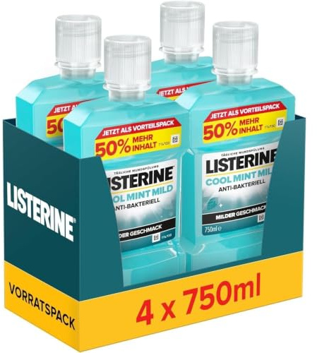 LISTERINE Cool Mint Mild, 4 x 750 ml | Antibakterielles Mundwasser mit ätherischen Ölen & ohne Alkohol, bekämpft wirksam Bakterien, zur täglichen Zahnpflege