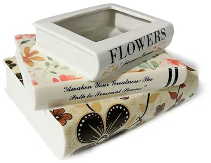 MyGoal Decorative Book Vase – Ceramic Flower Pot with Drainage Hole, Multicolor Tower Design, Small Size for Table, Desk, Shelf, Gift for Book Lovers
