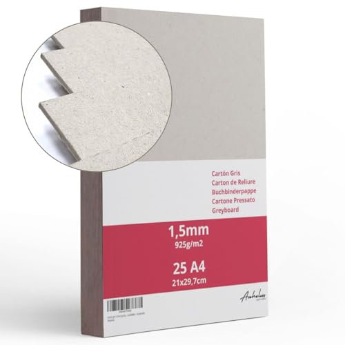 25 A4 Cartone Pressato 1,5mm di spessore - formato 21x29,7cm - Cartoncino per rilegatura A4 da 925gsm/m2 - Cartone vegetale rigido per Modellismo, Scrapbooking, Artigianato e Copertine per rilegature