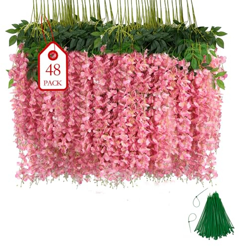 BIRDDIE Rosa 48 Pezzi Glicine Artificiale 3.75 Feet | Piante Finte da Esterno Fiori di Glicine Artificiale Appeso Ghirlanda per Sfondo Matrimonio Giardino e Decorazione Murale