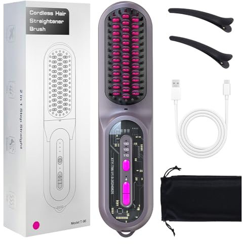 Cordless Hair Straightener Brush for Women, Beard Straightener for Men, Rapid Heating Electric Straightener Comb, Portable Rechargeable Design with 9600mAh Battery, Grey