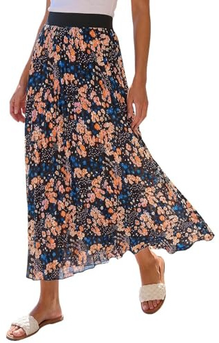 Roman Originals Pleated Skirt for Women UK Ladies Maxi Midi Crinkle Summer Smart Casual Evening Special Occasion Elasticated Waistband Party Holiday Long Crepe - Multi Floral - Size 16