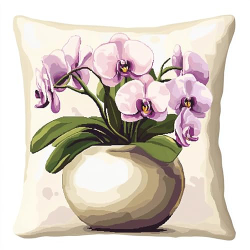 Kitquiver Diy Knüpfkissen Set Lila Orchidee In Vase Diy-Knüpfhäkel-Sets,Bedruckte Kissen,Häkelgarn,Häkelnadel Und Knüpfset,Kissenbezug,Teppich,Heimdekoration 17x17In