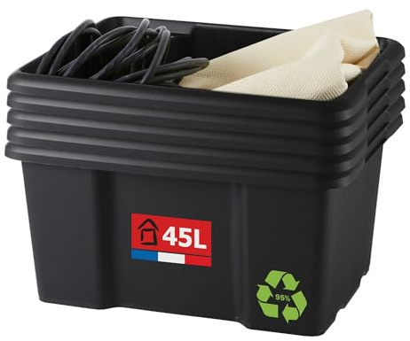SUNDIS Bac de rangement plastique 45L, x5, noir, L.55,5xl.39,3x H29,5cm | Empilable et superposable, multiusage, idéal pour l'atelier, le transport, le garage, le bricolage, le jardinage