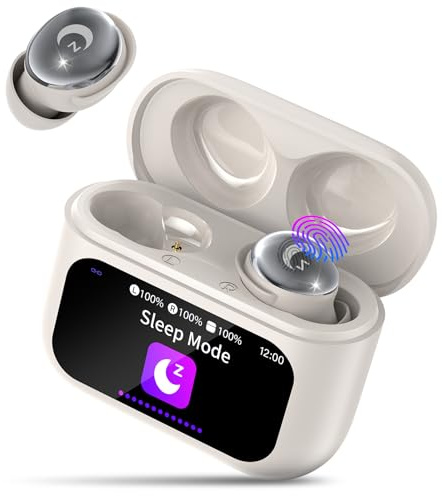 VEKJ Mini Schlafkopfhörer mit Touchscreen, 2025 Neue in Ear Kopfhörer Kabellos mit ENC Noise Cancelling, IPX7 Ohrhörer Beige