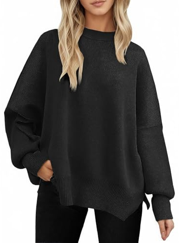 Yutdeng Jersey Mujer Invierno Sueter Manga Larga Oversize Jersey Anchos Largos con Abertura Pullover Elegante Cuello Redondo Sweater Fino Punto Jerséis para Mujer Suéter Otoño Camiseta,Negro,M