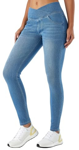 LaiEr Damen V Crossover Skinny Jeans Hohe Taille Bauchkontrolle Casual Fitness Leggings, Weich und elastisch Casual Faux Denim Print mit Seitentaschen