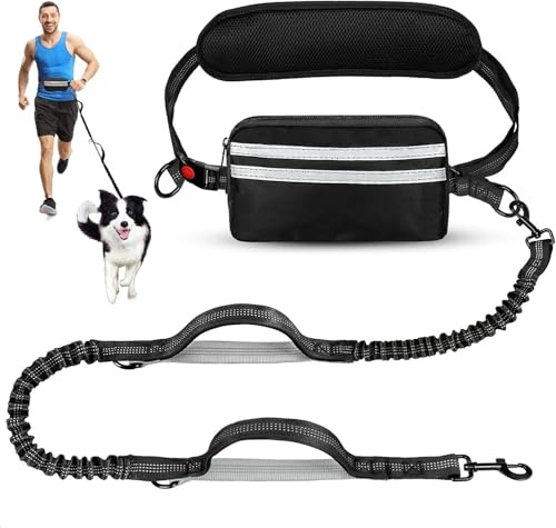 Hundeleine mit verstellbarem Hüftgurt, stoßdämpfend, reflektierende Bungee-Nähte, für mittelgroße und große Hunde, zum Laufen, Wandern, abnehmbare Tasche, Schwarz (für 2 Hunde) (1 Hund, XS-XXL)