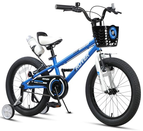 Glerc Rover 18-tums barncykel för pojkar flickor 5 6 7 8 år, cyklar med vattenflaska och rullare och korg, blå