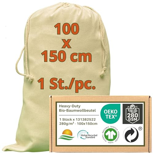 WIESEN.design Saco XXS – XXXL – 280 g/m² con certificado OEKO-TEX de algodón resistente para aplicaciones profesionales duraderas, 100 x 150 cm – 1 unidad, bolsas de almacenamiento para ropa, algodón
