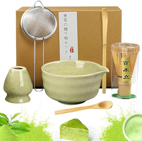 Matcha set 8 stycken macha teset med kvast, filtersil, skål, sked tekopp, presentset för traditionell matcha-tillredning (grön) (grön)