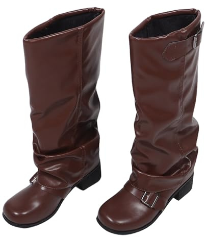 KOMBIUDA PU Western Boots för Kvinnor Knähöga Slouch Chunky Cowgirl Stövlar i Brun Vintage Ridstövlar med Skaft för Höst och Vinter Retroklänningar