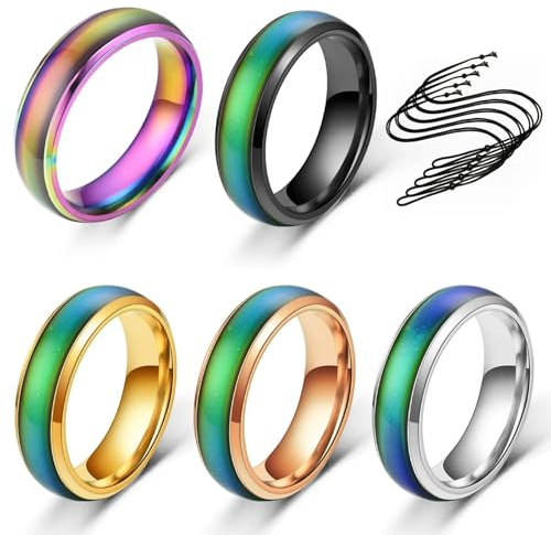 YANKOIUK 5PCS Color Changing Mood Ring Set, Stainless Steel Mood Rings with 5 Nylon Cords for Women Men, 0.78” Diameter Emotional Feeling Rings, Fashion Jewelry for Party Birthday Valentine's Day