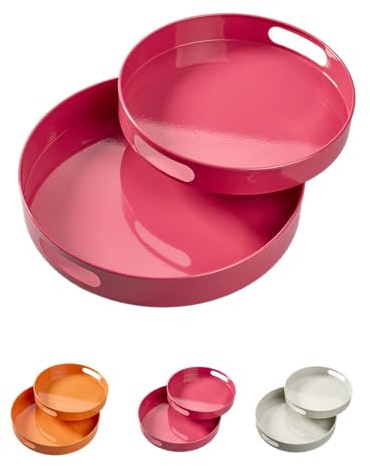 2er Set Design-Tabletts aus Metall - Rundes Serviertablett-Set mit Griffen - Hochglanz-Optik für Deko, Küche & Wohnzimmer (Pink, ⌀ 29,5/34,5 cm Höhe: 4/5,5 cm)