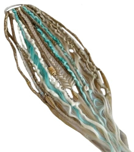 Boho Dreadlock Ponytail Extensions, Elastic Dread Hair with Beads & Shell Charms — One-Minute Easy Attachment Removable Dreadlock Wig, Festival Daily Hair, Gradient Color (A)