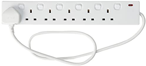 PRO ELEC 6 Gang Switched Extension Lead 1m 13A UK Power Strip | 6 switched sockets with neon indicators, 1m cable and 13A UK plug for convenient power control.