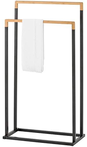 MyGift 33 Inch Standing Towel Rack, Freestanding Bath Towel Holder with 2 Tier Bamboo Wood Bar and Black Chrome Plated Metal, Drying Rack Stand for Bathroom, Laundry