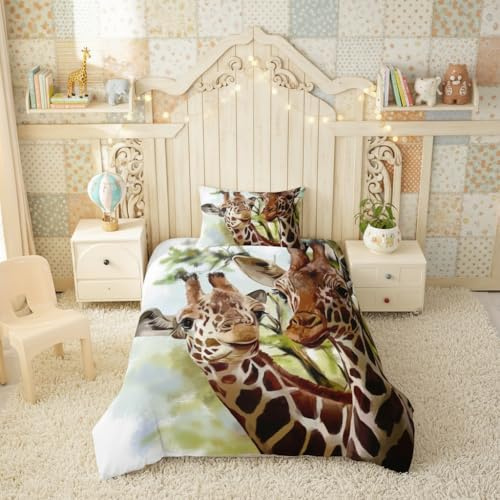 feelingyou Zwei Giraffen Bettwäsche-Set Grüne Baumblätter Bettwäsche Set 155x220cm Ölgemälde Betten Set für Kinder Jungen Mädchen Teenager 2St.Reißverschluss Mikrofaser