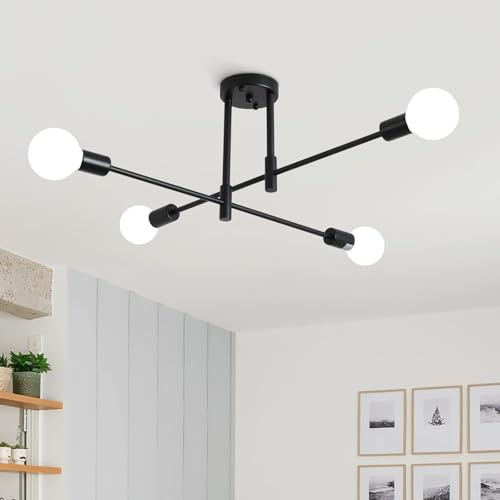 MRHYSWD Deckenleuchte Schwarz, 4 Flammig Kronleuchter Schwarze Deckenlampe Wohnzimmer Schlafzimmer Küche, Deckenlampe Retro Vintage Deckenleuchte E27 Deckenbeleuchtung Industrial Lampe Schwarz Decke