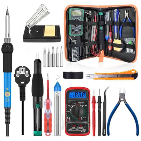 MOGAOPI Lötkolben Set, 60W 220V Elektro Lötkolben mit einstellbarer Temperatur, 5 Stück Verschiedene Spitzen, Digital Multimeter, Entlötpumpen, Lötkolbenständer, Lötzinn, Pinzette