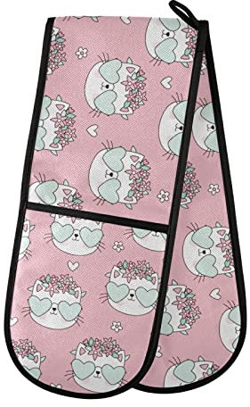 Moyyo Oven Glove Pink Cats Double Oven Glove Heat Resistant Kitchen Oven Mitt with Soft Quilted Cotton Lining Filling Pot Holders for Basking Cooking Pizza Microwave