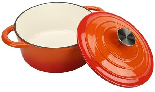 Stalwart A24DQO Enameled Cast Iron Round Orange Casserole Dish, 24cm Diameter, 5.2L Capacity