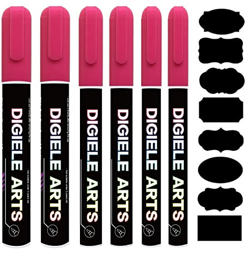 DIGIELE Kreidestift Rosa, Kreidestifte Rosa 1mm / 3mm / 6mm Stiftspitze, 6 Stücke Kreidemarker + 16 Tafel Labels, Trocken oder Feucht Abwischbare Flüssigkreide für Whiteboard, Tafel, Fenster & Glas