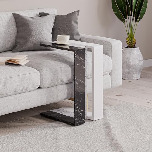 C Table für Wohnzimmer| kompakter Coffee Table als Side End Table mit zwei Ebenen| platzsparendes Design für Sofa und Relaxsessel| einfache Montage| 40 x 30 x 57 cm (Schwarzer - Weißer Marmor - Weiß)