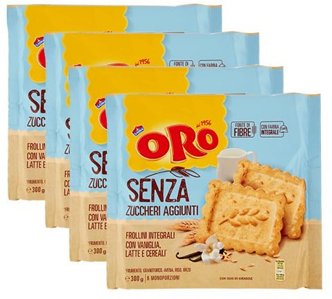 4X Oro Saiwa Biscotti Frollini Intergali con Vaniglia, Latte e Cereali Senza Zuccheri Aggiunti 300g [4 Confezioni]
