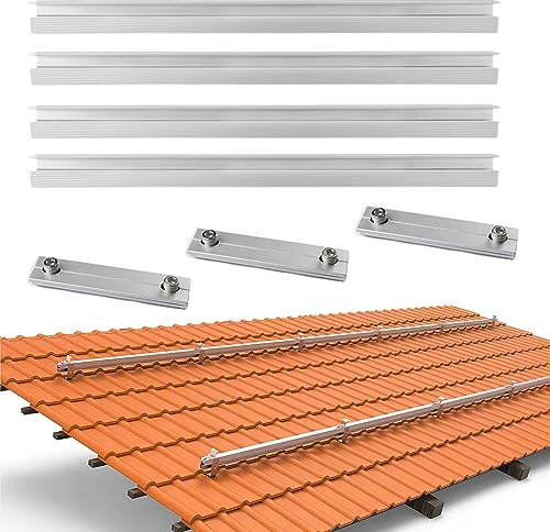 Warmfay Solarpanel Halterung Aluprofil,Dachhalterung Solarmodul PV Montageschiene 4 X115cm schienen und 3 X Profilverbinder,halterung für solarmodule,Balkonkraftwerk Befestigung Ziegeldach Set