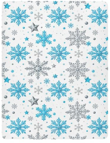 Pfrewn Christmas Crib Sheets for Boys Girls Silver and Blue Glittering Snowflakes Stars Fitted Crib Sheet Fits Standard Crib Mattress Pads Winter Pattern Stretch Soft Toddler Baby Sheet,52x28IN
