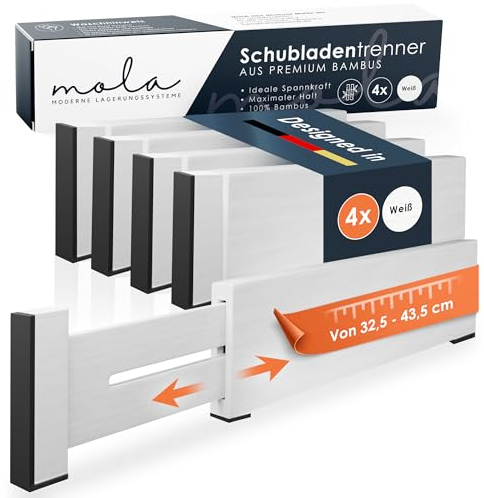 Mola Premium Schubladentrenner Weiß 4er Set Klein (32,5-43,5cm) I Bambus Schubladentrenner verstellbar mit optimalem Halt dank 5x Anti-Rutsch Pads I Schubladen Trenner Holz weiß Abtrennung Schublade