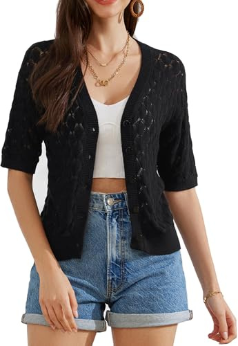 GRACE KARIN Cardigan Vintage à Manches Courtes pour Femmes Cardigan Creux CL2656 Noir XL