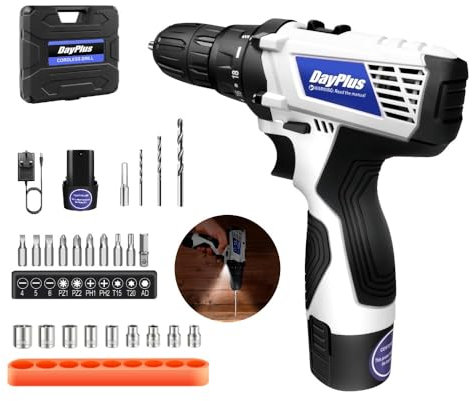 16.8V Cordless Drill Driver Electric Screwdriver with 2x1.5Ah Battery,Power Drill Driver Kit Combi Drill,3/8 Keyless Chuck,2 Variable Speed,18+1 Torque,45NM,Built-in LED Light,23 Accessories,White