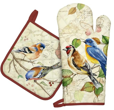 Arquiel Guante De Horno Agarraderas, 100% AlgodóN Guante De Cocina Resistente Al Calo Grueso Seguro para Cocinar, Hacer Barbacoas Microondas Y para La Chimenea Regalo(pájaro Retro)