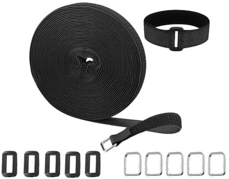 5m Adjustable Cable Straps, Black Fastening Cable Ties, Reusable Hook and Loop Securing Straps, Heavy Duty Cable Management Wires Cords Tidy Organiser Ties, with Buckles, Free Cut Length