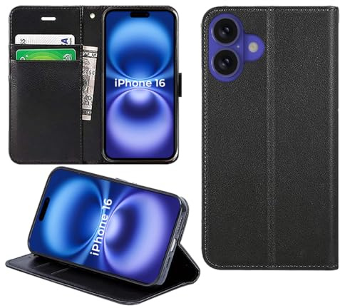 DN-Technology For iPhone 16 Case Flip Wallet [Card Holder] BLACK | Magnetic Closure, Kickstand, PU Leather Shockproof Phone Cover 6.1 inch, BLACK