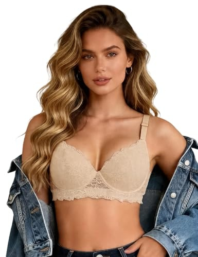 ohmydear Dam BH Spets Plus Storlek Balkong Push Up Med Bygel Bralette Dam Avtagbara Axelremmar Underkläder Set Kvinnor Starkt Stöd, Naken, 90F