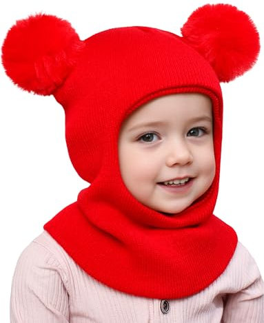 Adigau Baby Beanie Mütze Stricken Wintermütze Warm Niedlich Schalmütze Kinder Bommelmütze Schalmütze Strickmütze mit Pompom Fleecefutter Strickmütze Thermische Kapuzenschal Rot