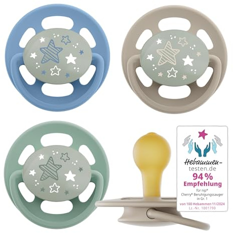 nip – Cherry Green Night | 0–6 månader | 4-pack | stillvänlig, tandvänlig babynapp med ljusknapp. Hållbar napp från naturliga råvaror, blå/grön