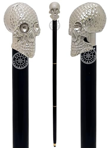 Gehstock mit silbernem Totenkopf-Design, Holzschaft, massiver Messinggriff, geschnitzter Totenkopf-Knauf