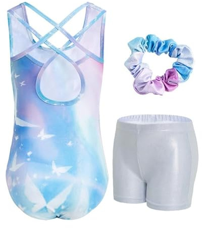 JiAmy Turnanzug Mädchen, Gymnastikanzug Mädchen Kinder Glitzer Gymnastik Turnanzug Leotard Mit Haarbändern und Shorts Set für 3-12 Jahre