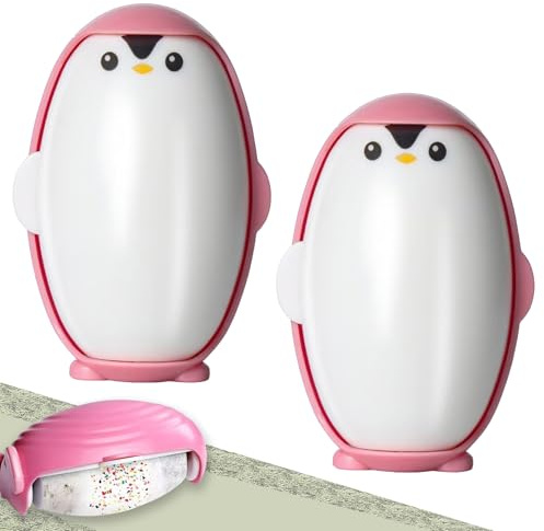 FUFRE Pinguin Fusselrolle Wiederverwendbar, 2 Stück Reusable Lint Roller, Klein Tierhaarentferner, Waschbarer Gel Fusselrolle für Kleidung, Tierhaare (Rosa)