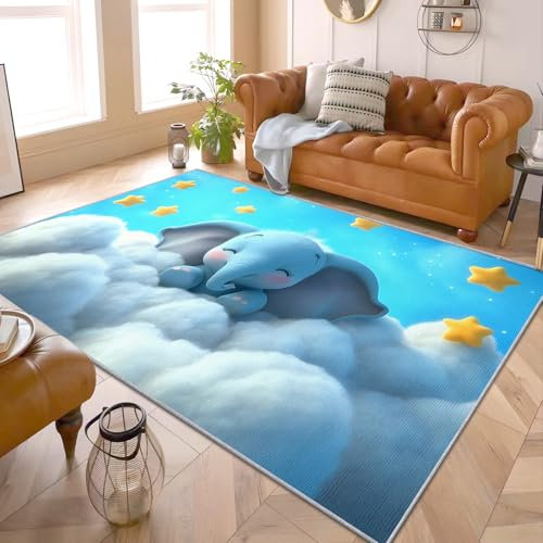 Teppich Kinderzimmer Elefant - Teppich Wohnzimmer Schlafzimmer Baby Elefant, Kleiner Teppich Kinder Elefant, Weich Kurzflor & Waschbar & rutschfest Fussmatte Innen, Kinderteppich 80x150 cm