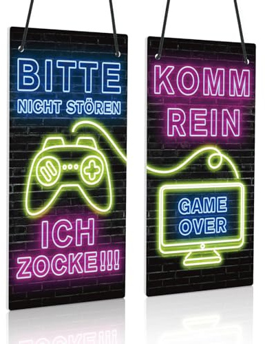 Putuo Decor PVC Gamer Türschild Ich zocke/Komm rein – Beidseitiges Schild im Neon-Design für Zockerzimmer oder Streaming-Raum