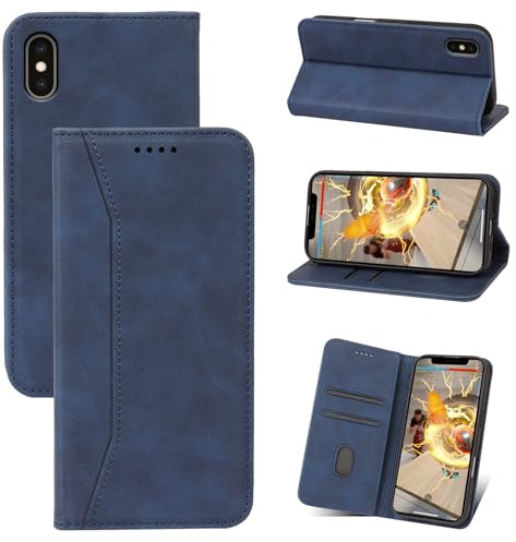 Qizyemy Funda Compatible con iPhone XS/iPhone X(5.8),Premium Flip Billetera Funda de Cuero,Soporte Plegable,Funda de Piel con Cierre magnético,función de Soporte y Ranuras para Tarjetas(Azul)