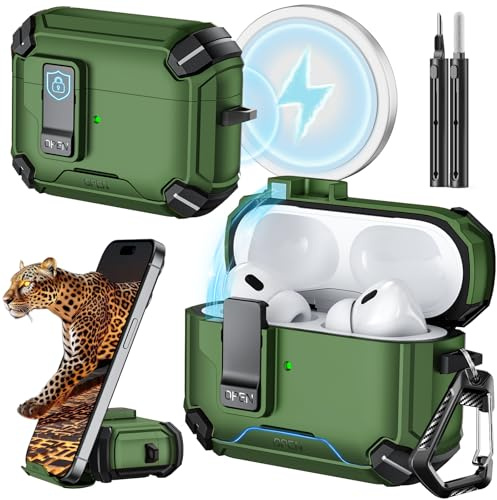 Inesore for AirPods Pro 2 Hülle with Phone Stand Design, Compatible with MagSafe, Auto-Locking Case Cover for Air Pods Pro 1st/2nd (2019/2022/2023) with Cleaning Kit & Keychain, Warm Green